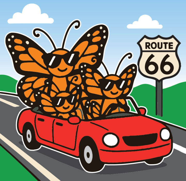 Three cartoon monarch butterflies are in a red car driving past a Route 66 sign.